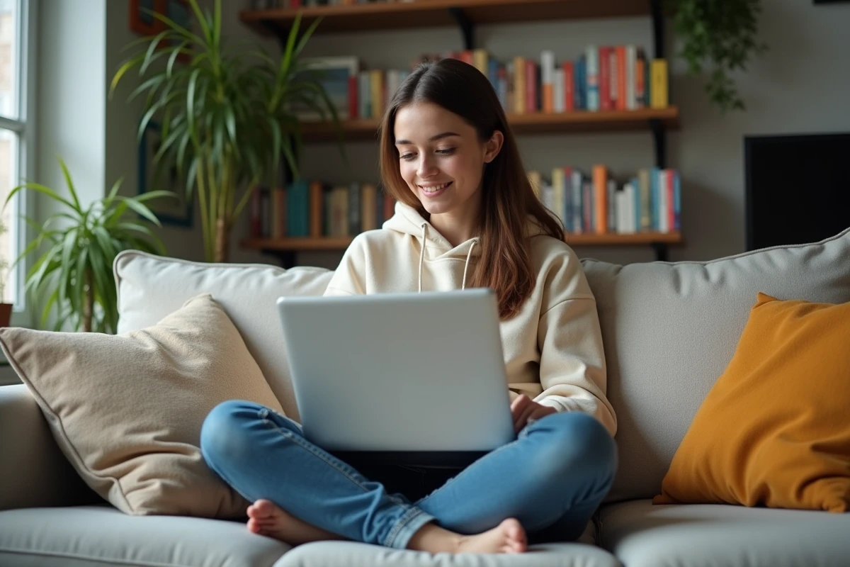 Jeune femme lisant manga sur un sofa cosy