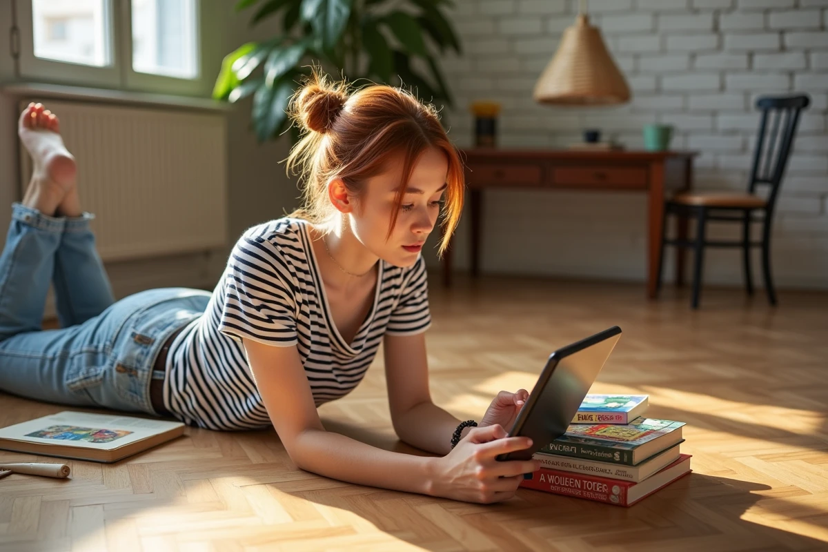 Jeune femme allongée avec une liseuse entourée de mangas et bandes dessinées sur parquet ensoleillé