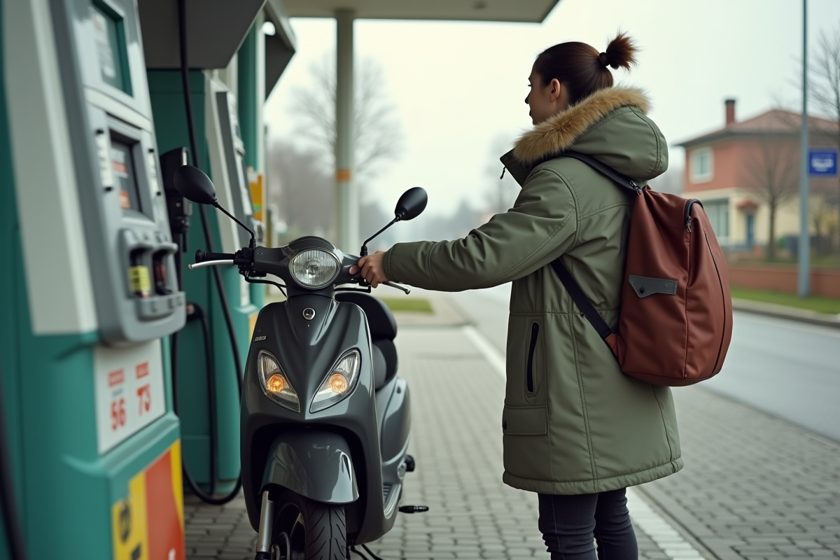Jeune femme faisant le plein de son scooter