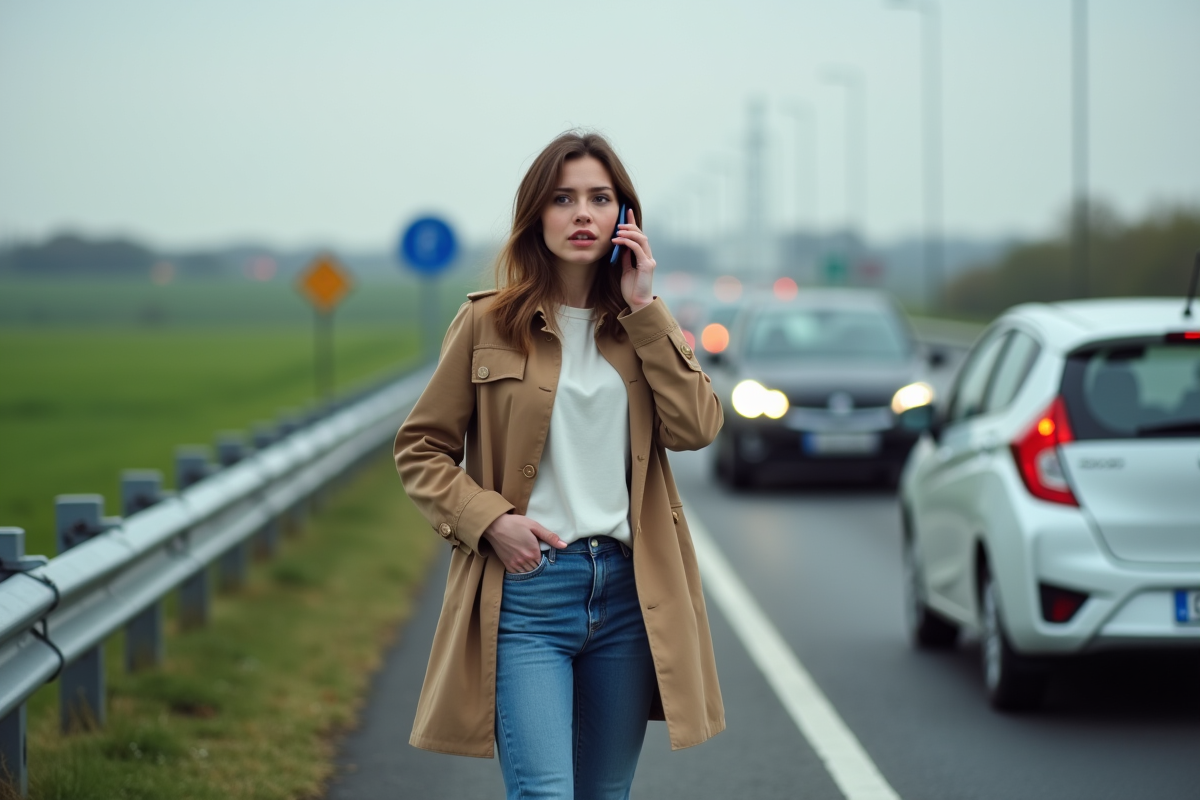 Jeune femme au téléphone sur le bord de la route en voiture