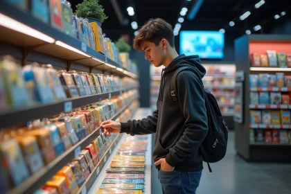 Jeune homme dans une boutique de jeux en train de choisir un booster Pokémon