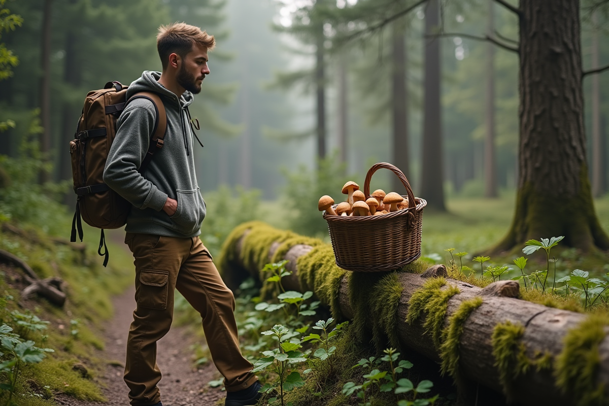Jeune homme avec panier de morels dans la forêt