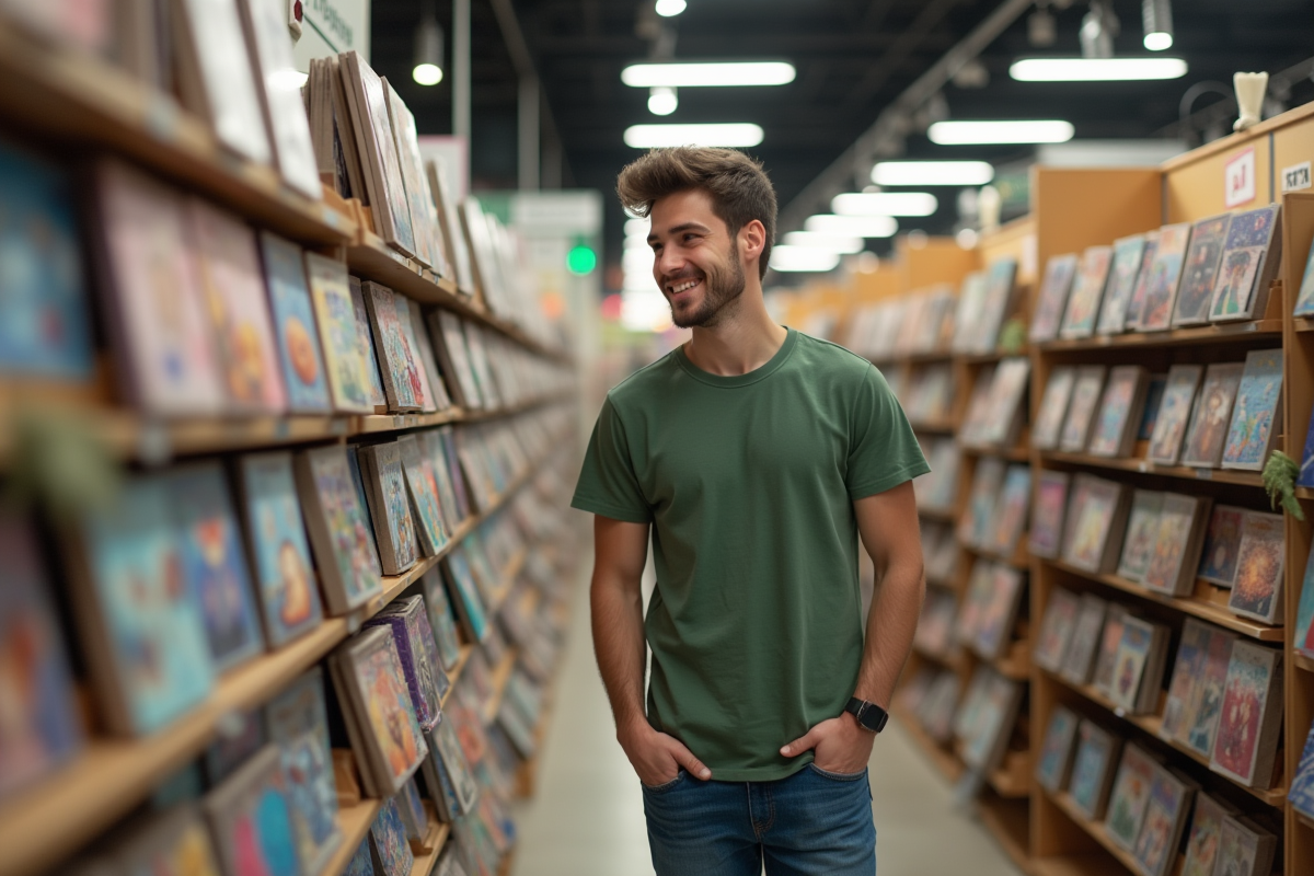 Jeune homme explore kits de diamant peinture en magasin