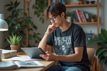 Jeune homme lisant manga sur tablette dans un appartement moderne