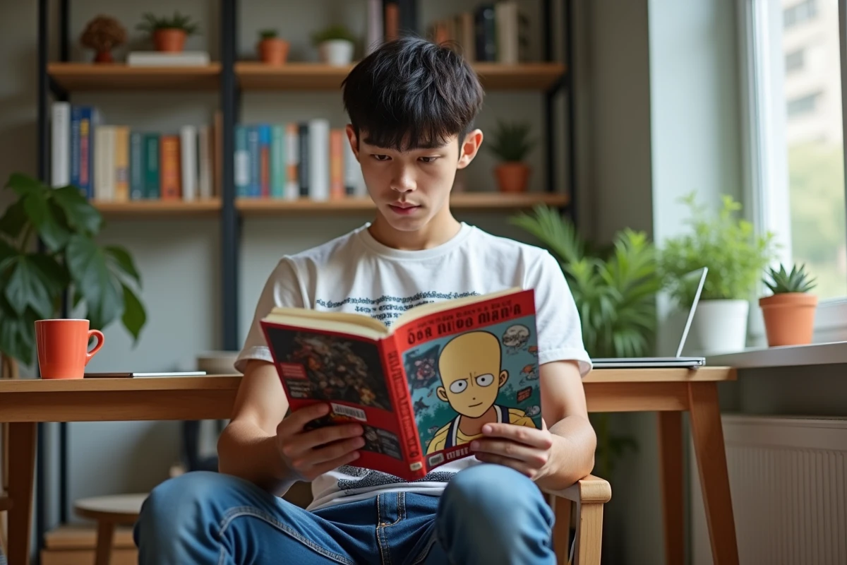 Jeune homme lisant manga One Punch Man dans un salon cosy