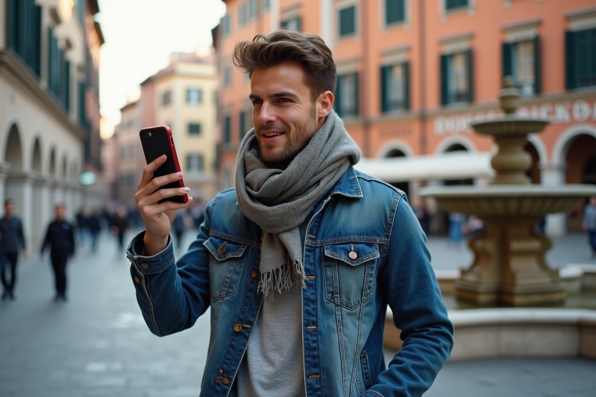 Jeune homme en extérieur dans une piazza italienne