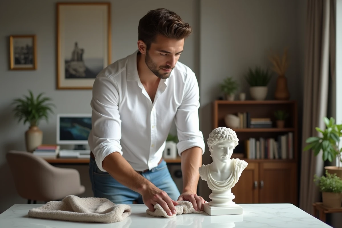 Jeune homme polissant un petit buste grec dans un bureau cosy