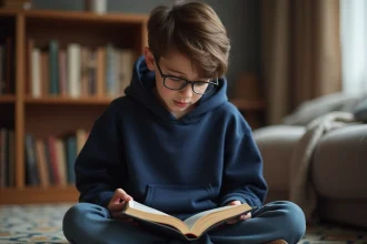 Jeune garçon en hoodie lisant le Quran dans un salon
