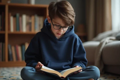 Jeune garçon en hoodie lisant le Quran dans un salon