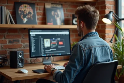 Jeune homme en denim écoute radio rock sur ordinateur