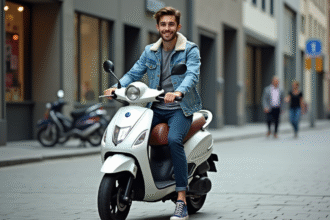 Jeune homme souriant sur un scooter en ville