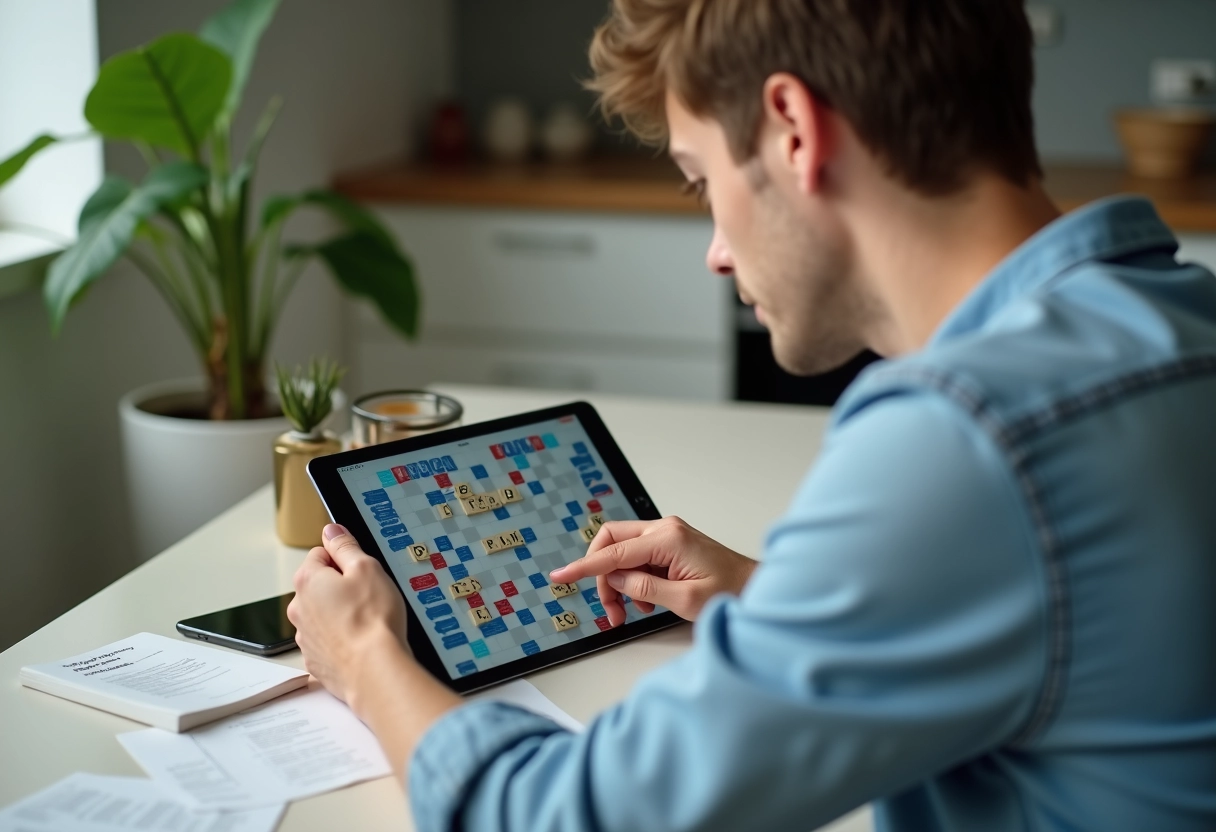 Jeune homme jouant au Scrabble sur tablette dans la cuisine