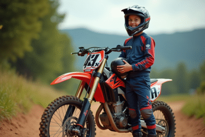 Jeune garçon en motocross avec moto tout-terrain