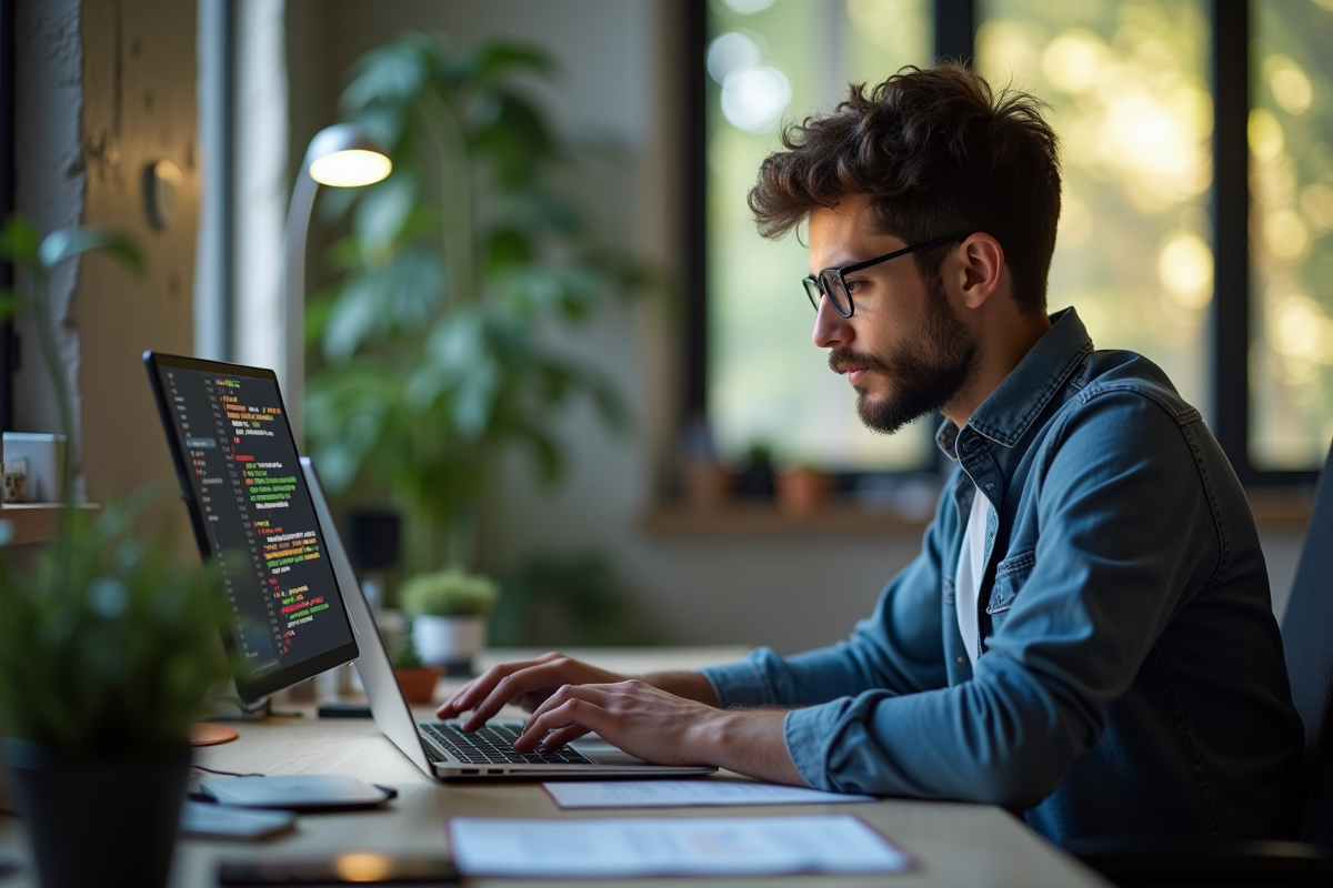 Jeune professionnel codant en C sur son ordinateur portable