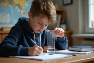 Jeune garçon en hoodie mesure de l'eau dans un cylindre