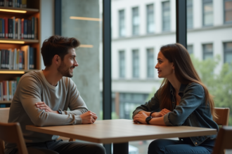 Deux jeunes adultes discutent dans une bibliothèque moderne