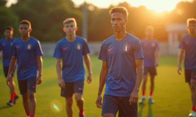 Jeunes joueurs de reserve de football en échauffement sur le terrain