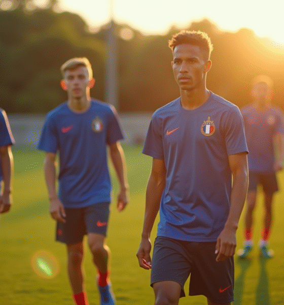 Jeunes joueurs de reserve de football en échauffement sur le terrain