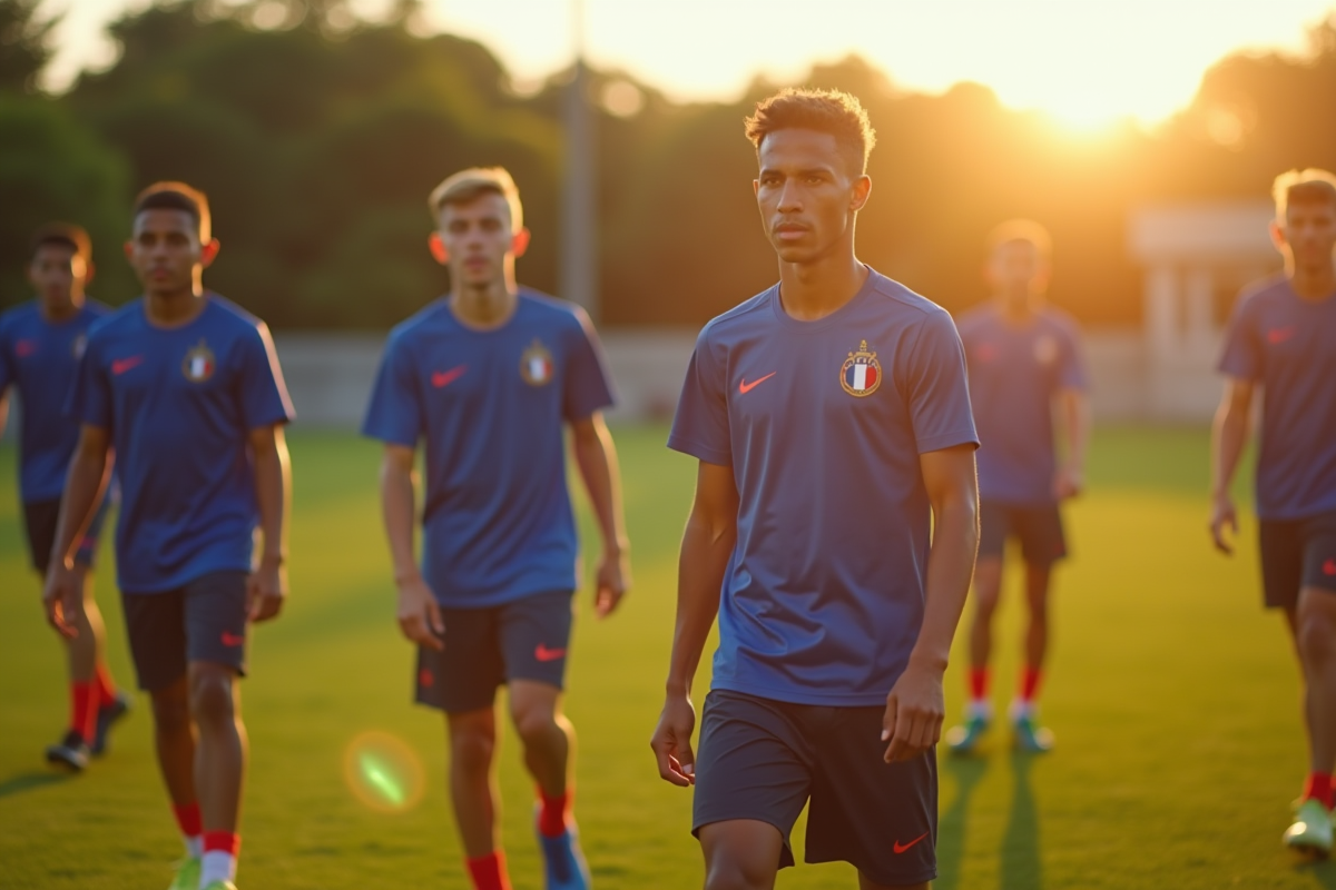 Jeunes joueurs de reserve de football en échauffement sur le terrain