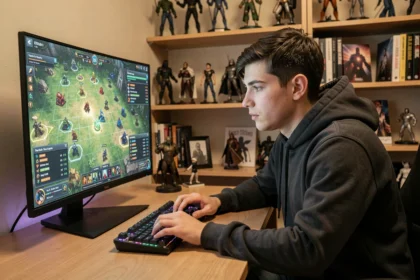 Joueur concentré devant son écran de jeu Dofus en train d'optimiser sa stratégie de combat dans une quête artistique