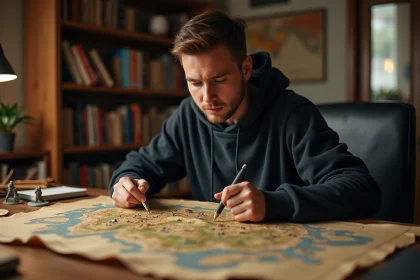Joueur adulte étudiant une carte de jeu fantasy à son bureau pour trouver des portails Dofus en 2026