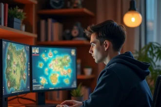Joueur concentré sur sa stratégie de progression dans un MMORPG fantasy sur ordinateur de bureau