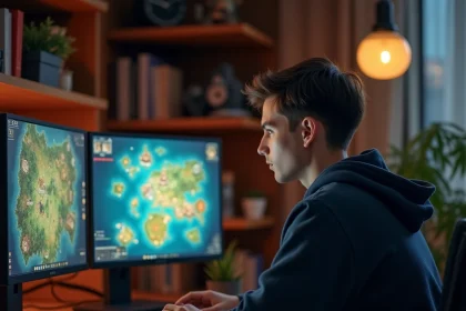 Joueur concentré sur sa stratégie de progression dans un MMORPG fantasy sur ordinateur de bureau