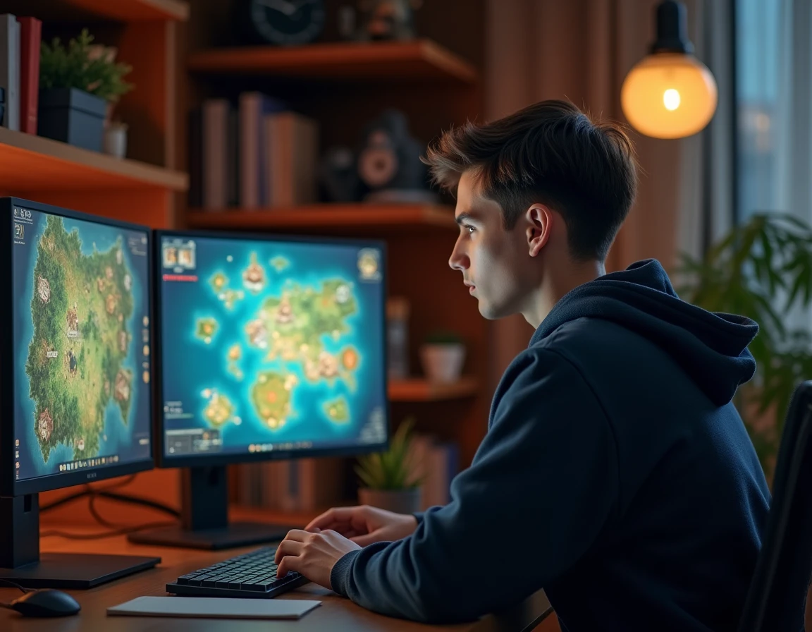 Joueur concentré sur sa stratégie de progression dans un MMORPG fantasy sur ordinateur de bureau