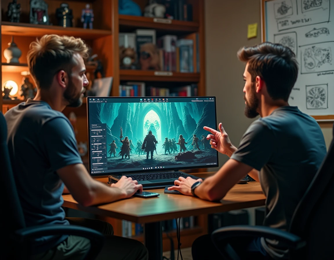 Deux joueurs collaborant sur une stratégie de farming de succès dans une salle de jeu dédiée