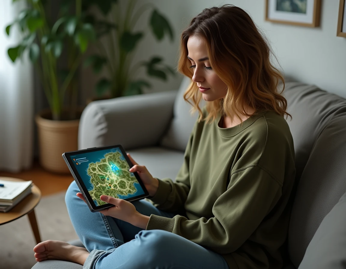 Joueuse planifiant sa progression avec une carte de portails fantasy sur tablette dans un salon confortable