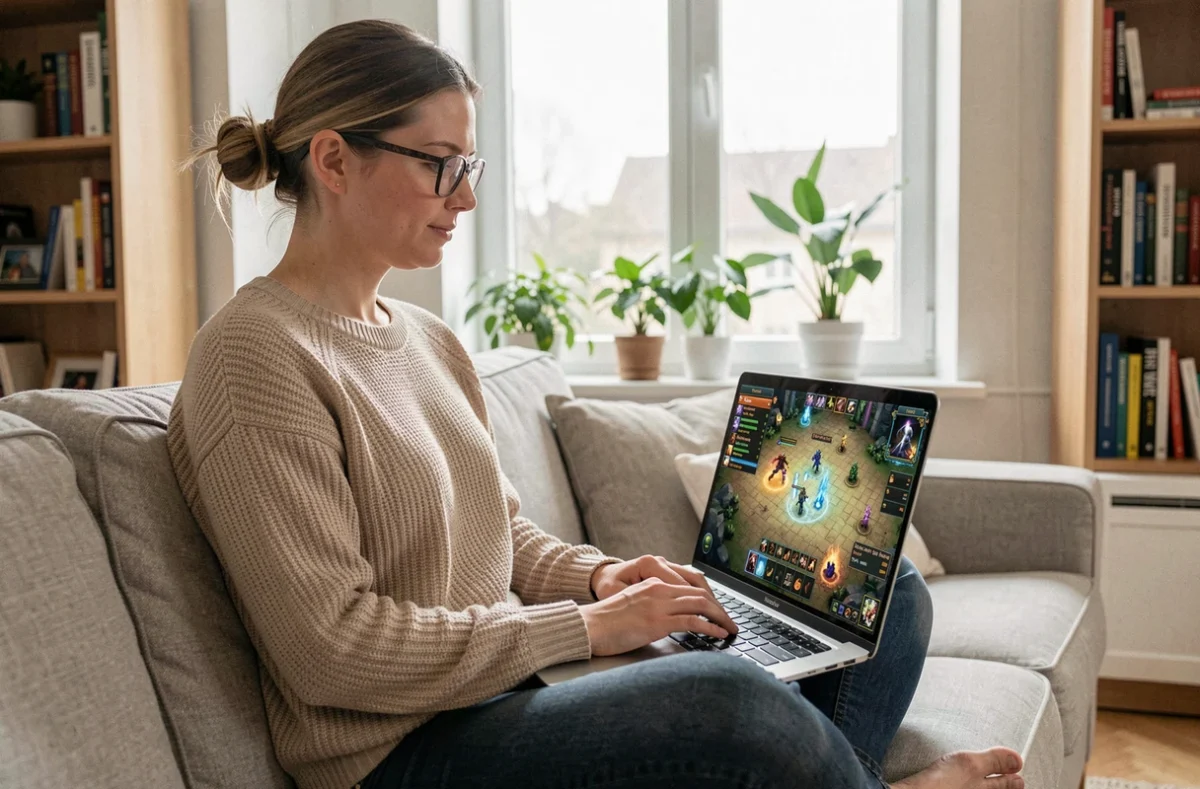 Joueuse analysant une stratégie de combat pour la quête Art Dofus sur son ordinateur portable dans un salon moderne