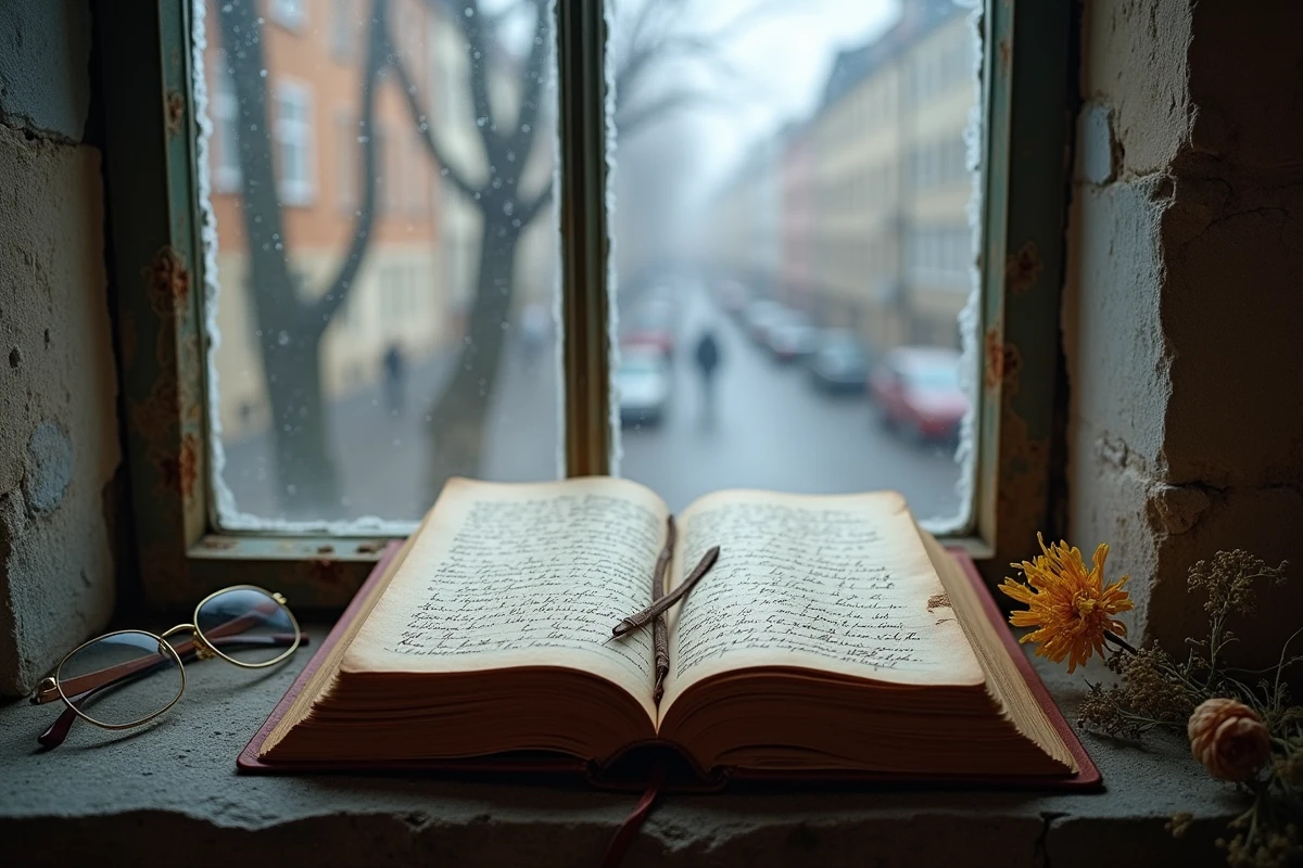 Journal manuscrit ancien ouvert sur un rebord de fenêtre avec des lunettes et une fleur séchée, illustrant la pensée mélancolique et philosophique de Søren Kierkegaard
