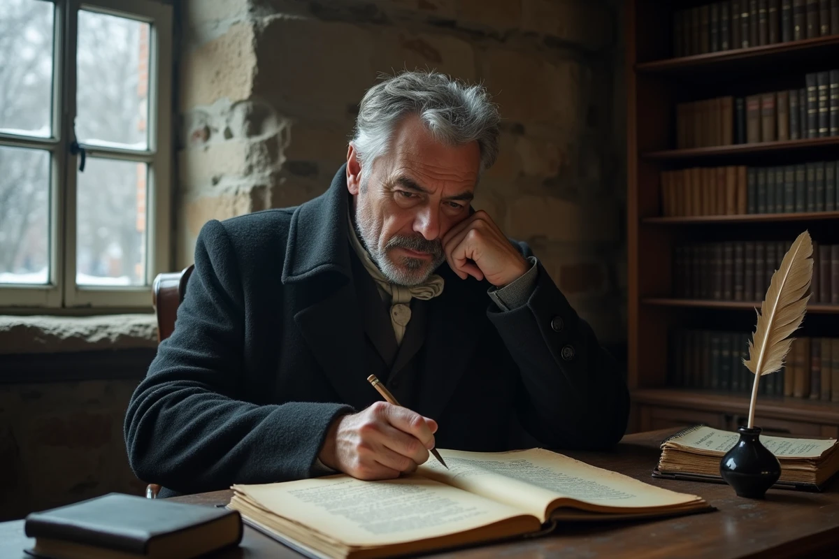 Homme mélancolique du XIXe siècle assis à un bureau ancien couvert de manuscrits, évoquant la philosophie de Kierkegaard sur la souffrance et l'introspection