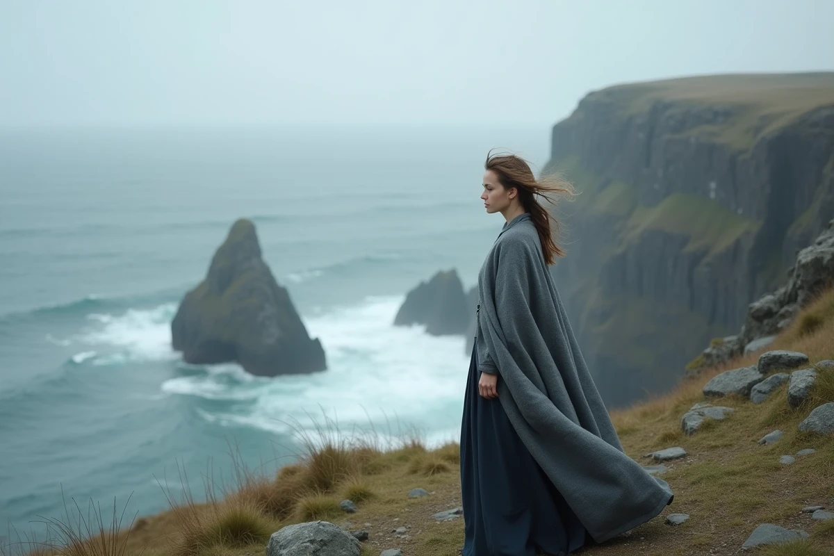 Jeune femme solitaire face à une mer nordique grise depuis une falaise, symbolisant la mélancolie existentielle et la réflexion philosophique inspirée de Kierkegaard