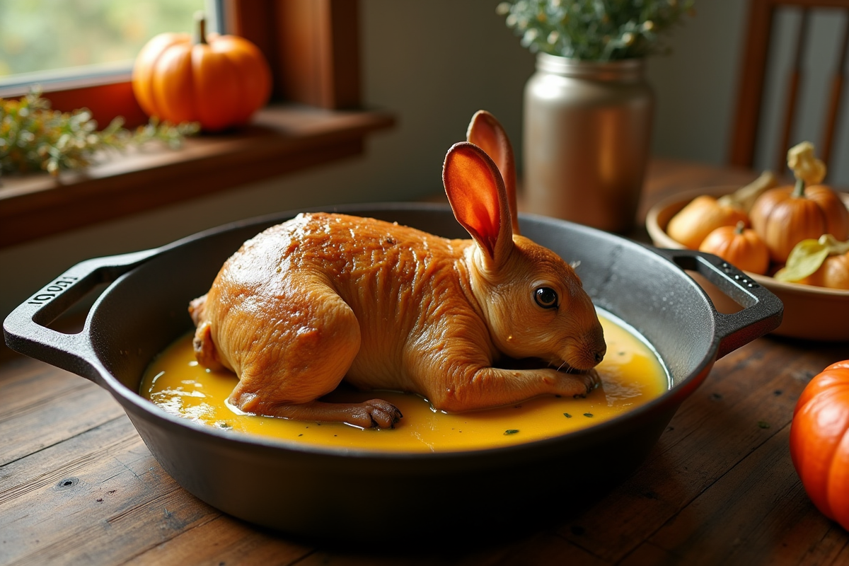Lapin rôti à la moutarde en cocotte en fonte