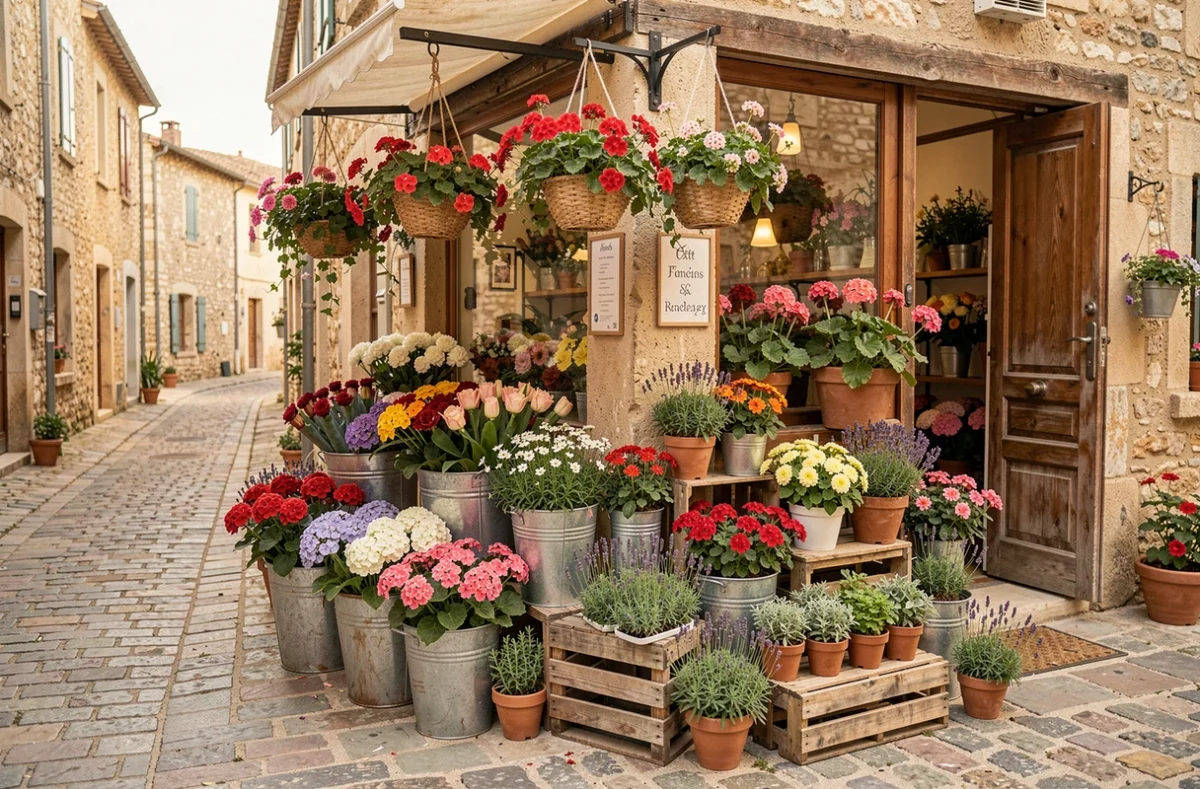Devanture de coin de rue du Coin Fleuri avec des bouquets en seaux peints, géraniums en suspension et plants de lavande sur des caisses en bois en Vaucluse