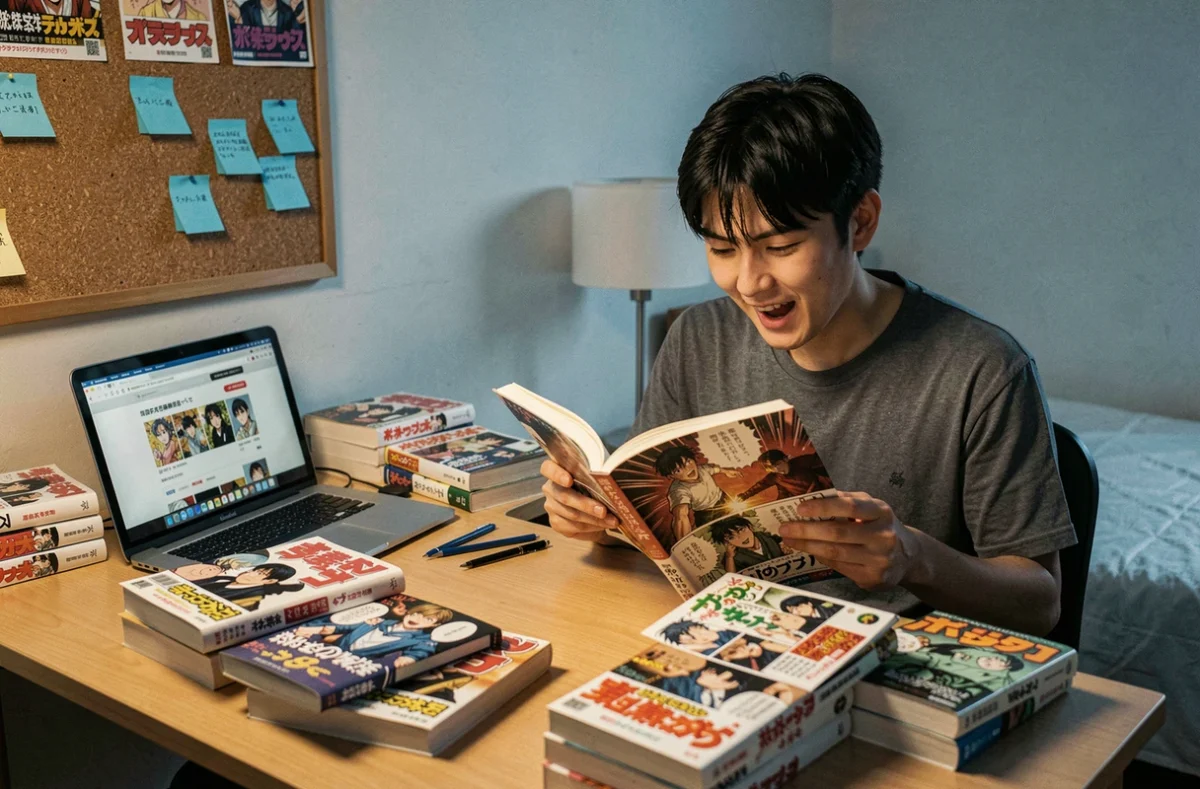 Jeune homme lisant un manga Blue Lock à son bureau encombré d'autres volumes de manga et d'un ordinateur portable ouvert