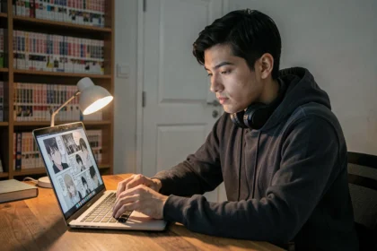 Jeune homme lisant des scans de manga discrètement sur son ordinateur portable dans sa chambre