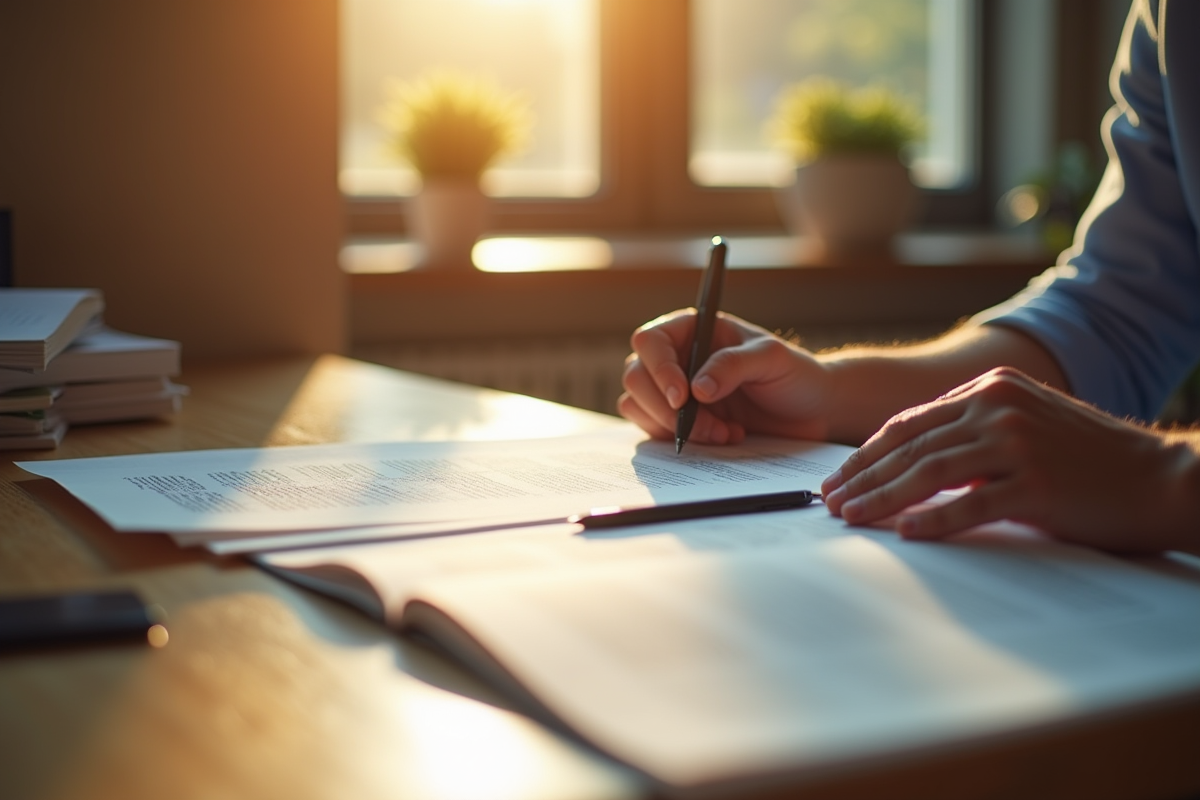Personne lisant un document juridique au bureau
