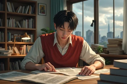 Jeune homme lisant les pages du manga One Piece chapitre 1155 dans un appartement japonais entouré de volumes de manga