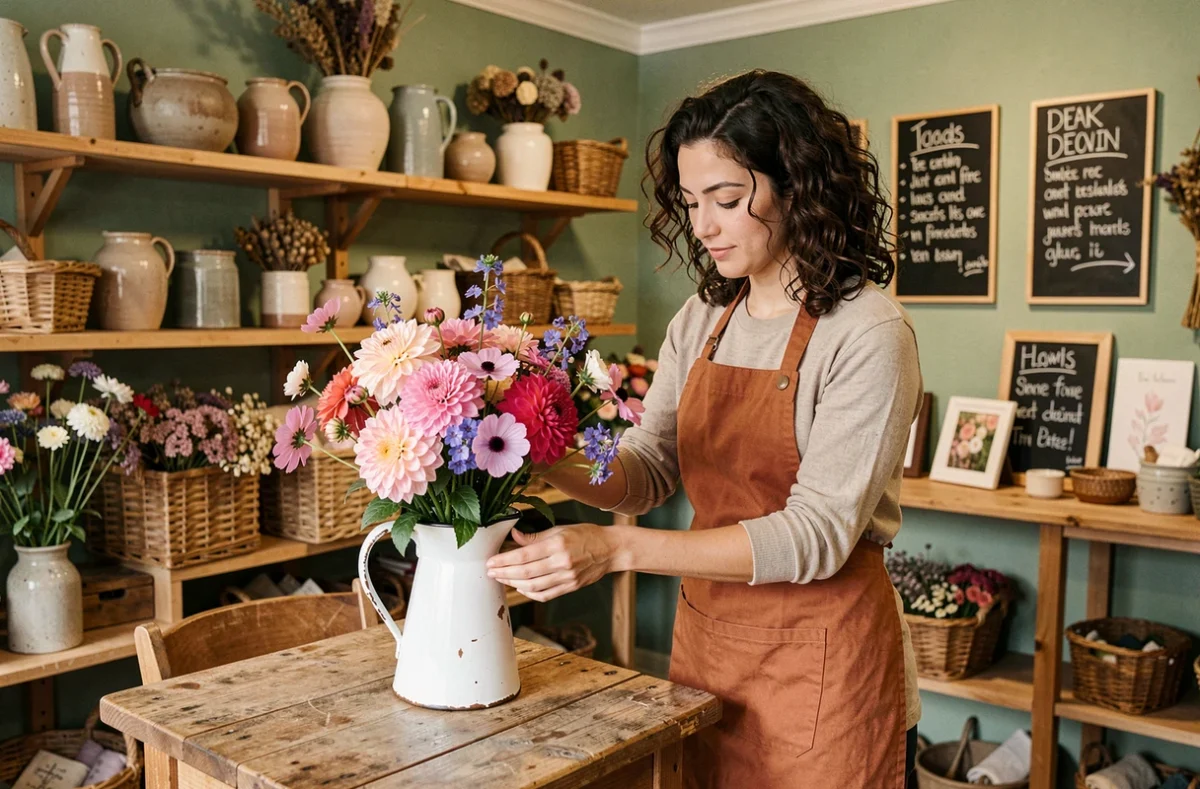 Ninon, jeune fleuriste en tablier terracotta, composant un bouquet champêtre de dahlias et cosmos dans une cruche émaillée vintage à la boutique Les Fleurs de Ninon en Vaucluse