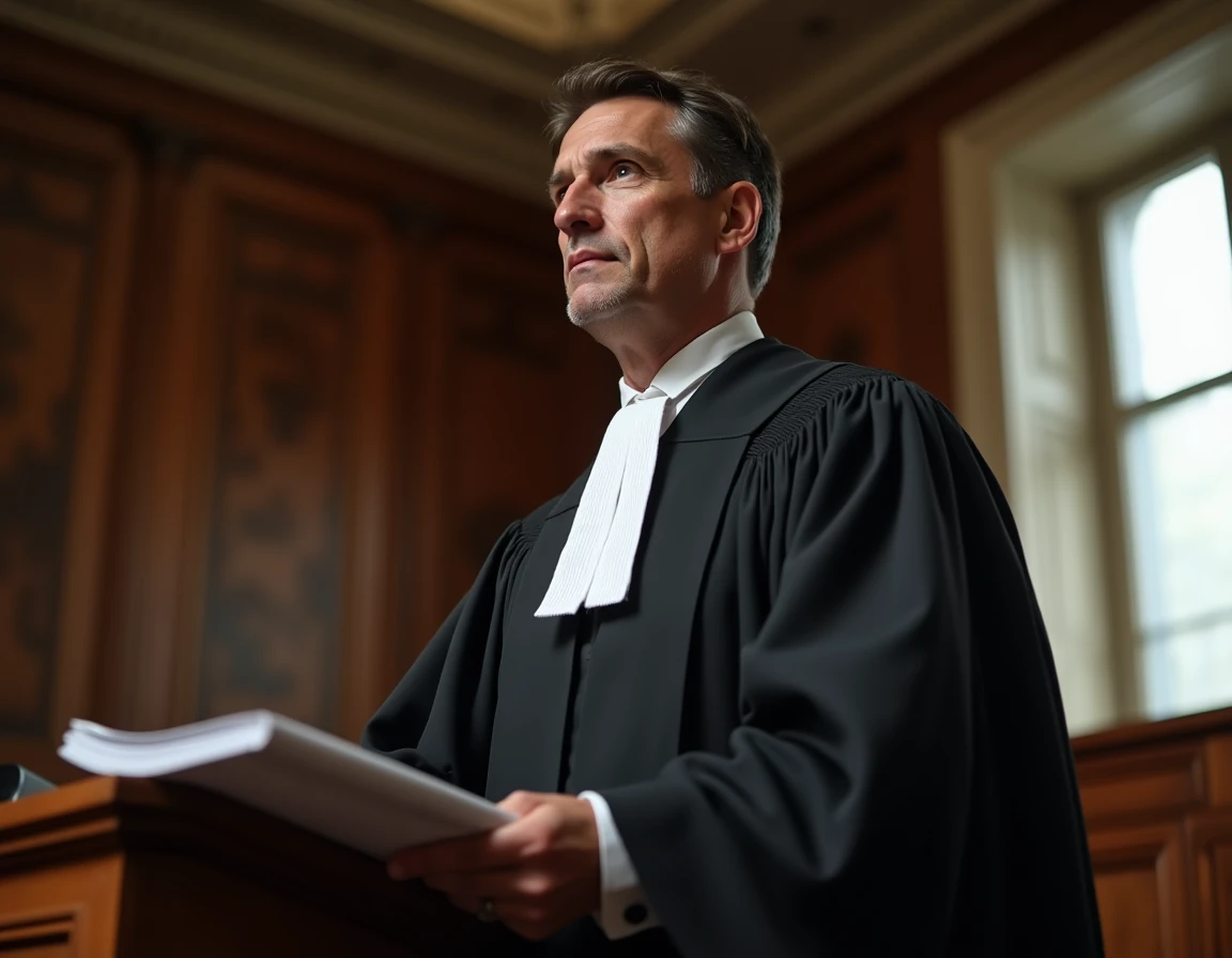 Avocat Luc Lalanne en robe noire à la barre du tribunal au Mans
