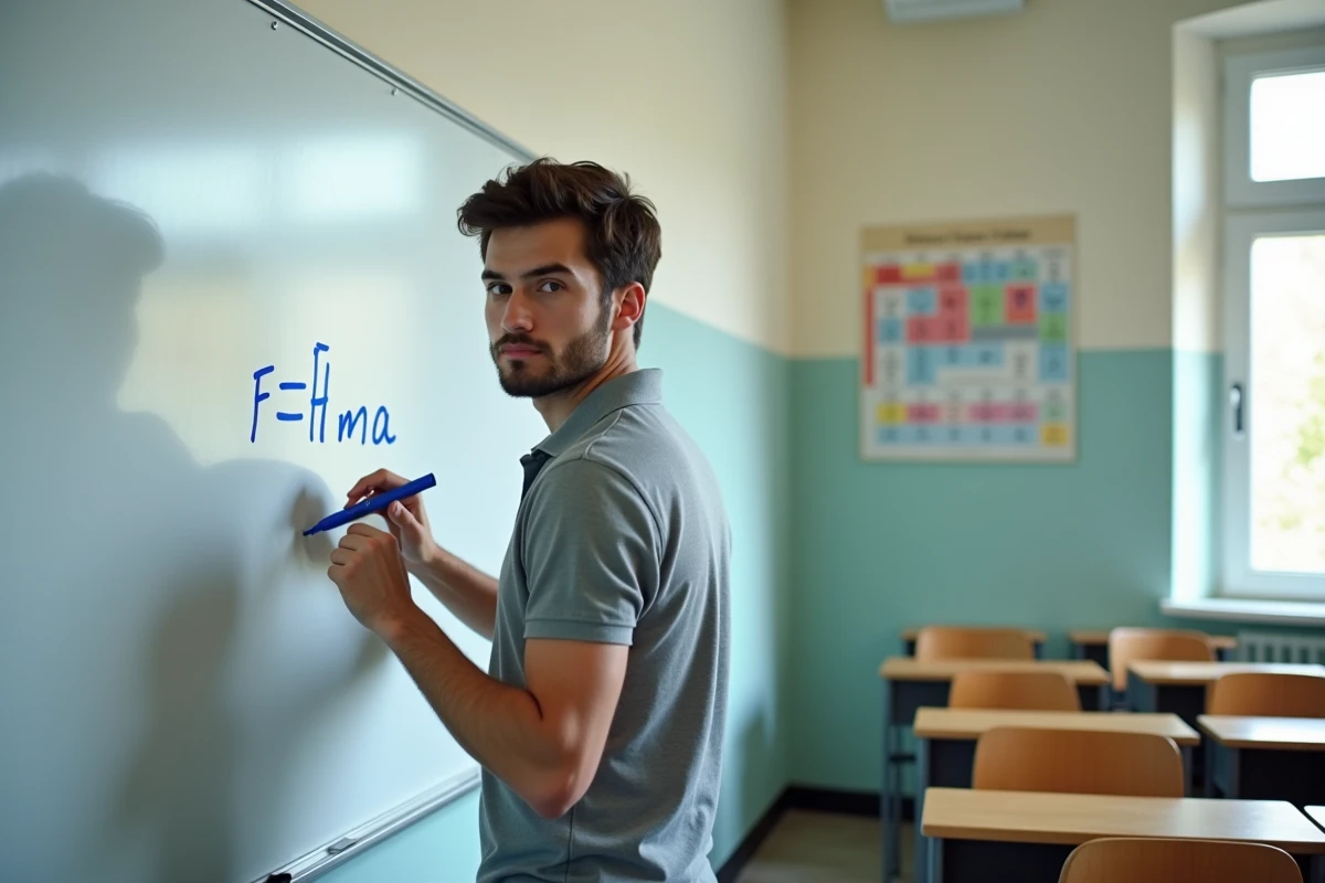 Lycéen écrivant la formule de force au tableau blanc dans une salle de classe pour préparer le Bac 2026