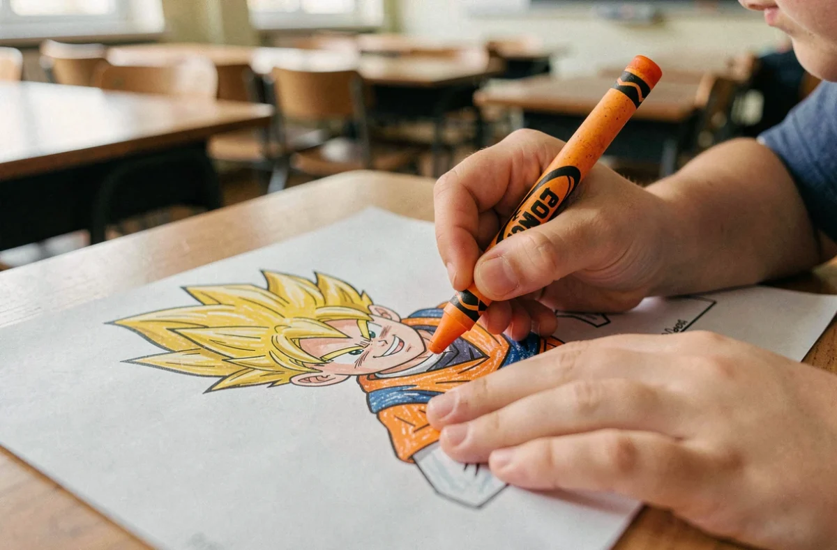 Gros plan sur les mains d'un enfant coloriant un dessin Dragon Ball Z Super Saiyan avec un crayon orange