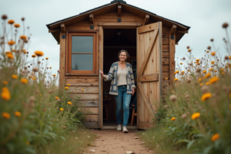 Femme souriante devant petite maison en palettes recyclées