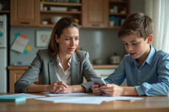 Femme inquiète regardant son fils sur smartphone à la maison