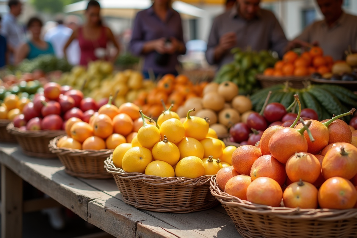 Table rustique avec paniers de fruits en forme d etoile au marché en plein air