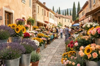 Marché aux fleurs provençal en plein air dans le Vaucluse avec lavande, tournesols et roses dans des seaux en métal le long d'une rue en pierre