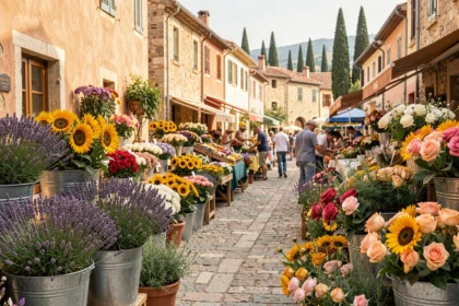 Marché aux fleurs provençal en plein air dans le Vaucluse avec lavande, tournesols et roses dans des seaux en métal le long d'une rue en pierre