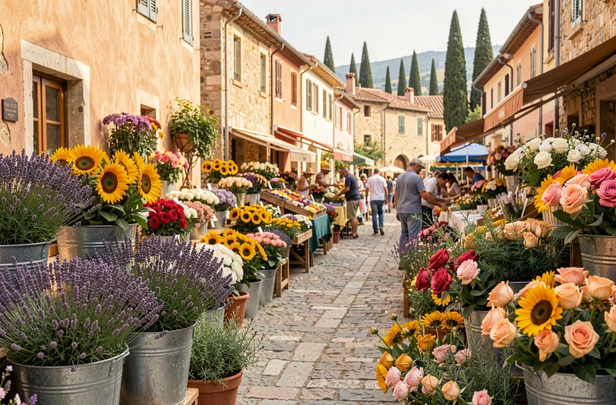 Marché aux fleurs provençal en plein air dans le Vaucluse avec lavande, tournesols et roses dans des seaux en métal le long d'une rue en pierre